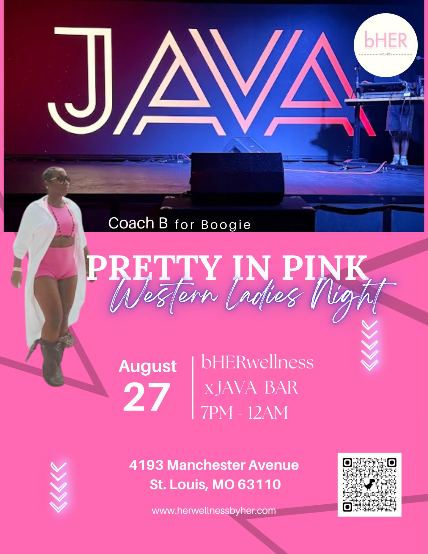 Pretty in Pink Ladies Only Western Night Hosted by bHER Wellness flyer